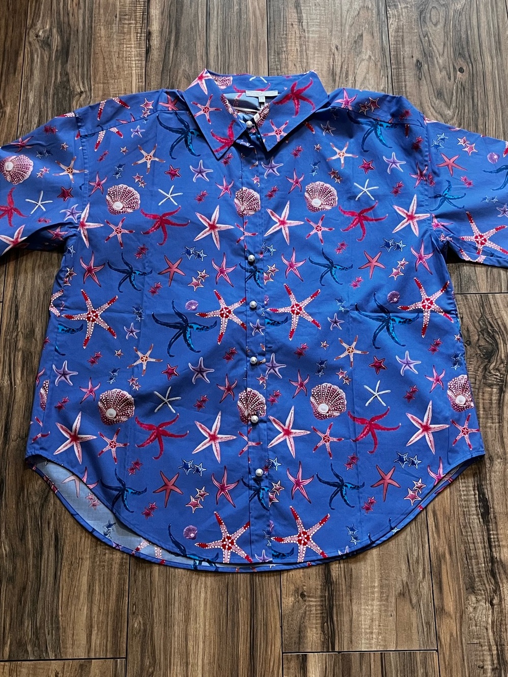 $275 HINSON WU LARISSA Long Sleeve Blue Starfish Print Button-Up Blouse Tunic L - Picture 4 of 13